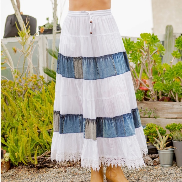 Young Threads Dresses & Skirts - Denim Patchwork Maxi Skirt - White and Blue